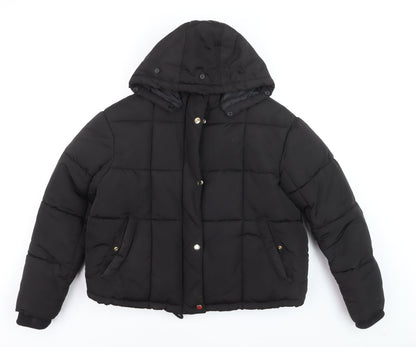Topshop Women's Black Puffer Jacket Size 12 Hooded Winter Coat