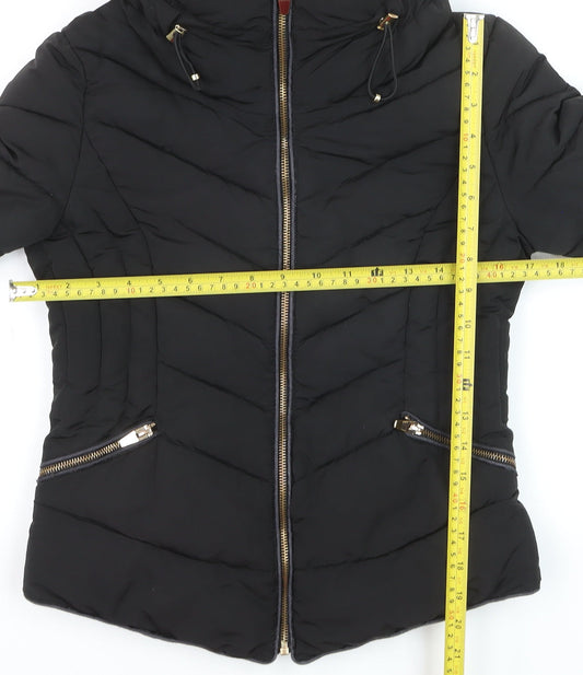 Zara Women's Black Puffer Jacket Size S Hooded Lined Zip Winter Coat