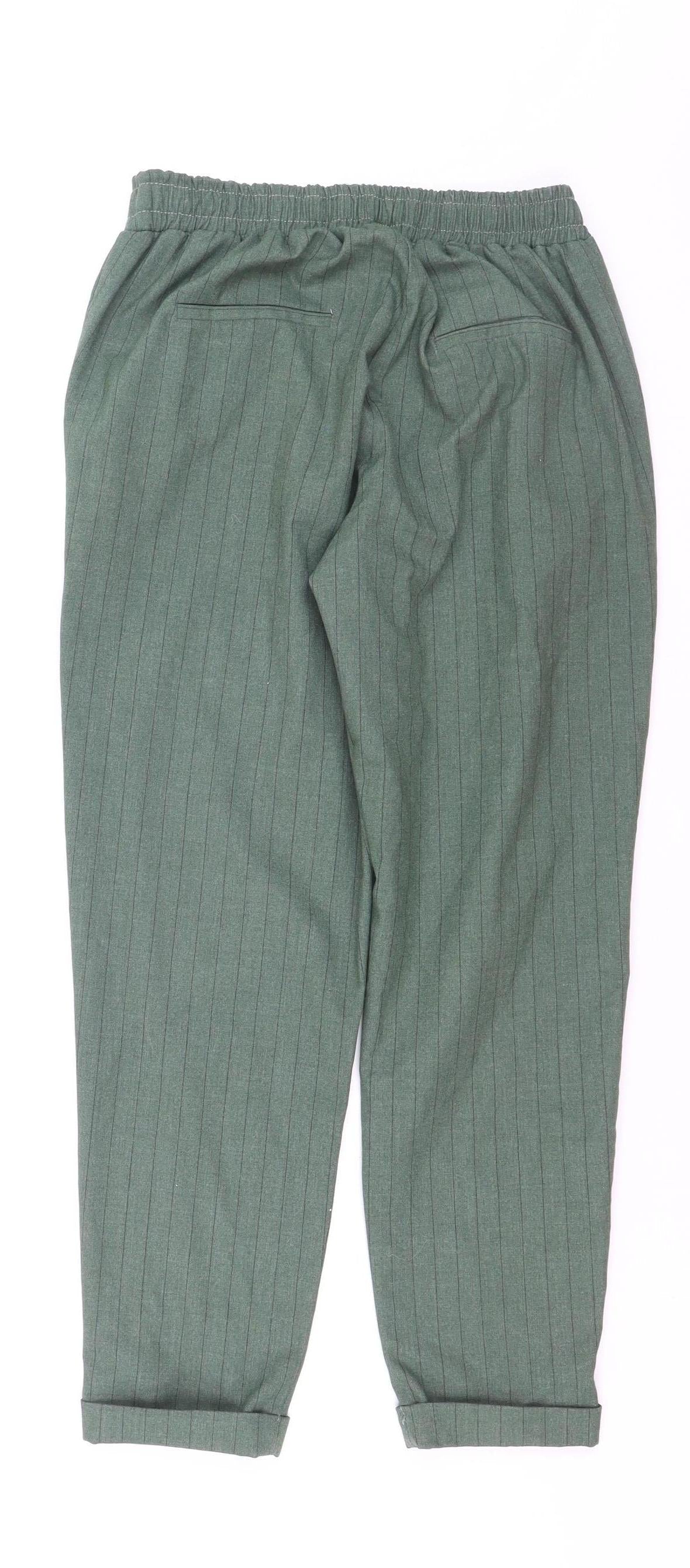 Bershka Women’s Green Striped Chino Tapered Trousers Size 12