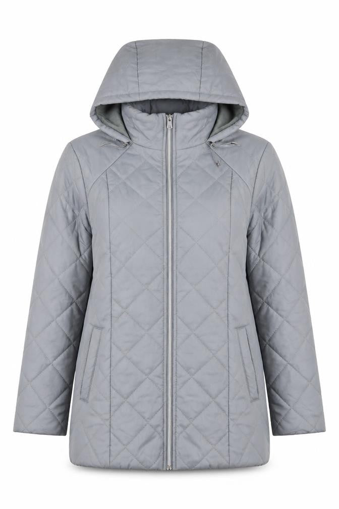 Front view of Anne de Lancay Women’s Grey Quilted Hooded Mid-Length Coat S
