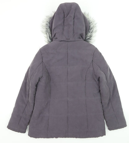 BHS Women’s Grey Faux Fur Hooded Mid-Length Puffer Coat Size 10
