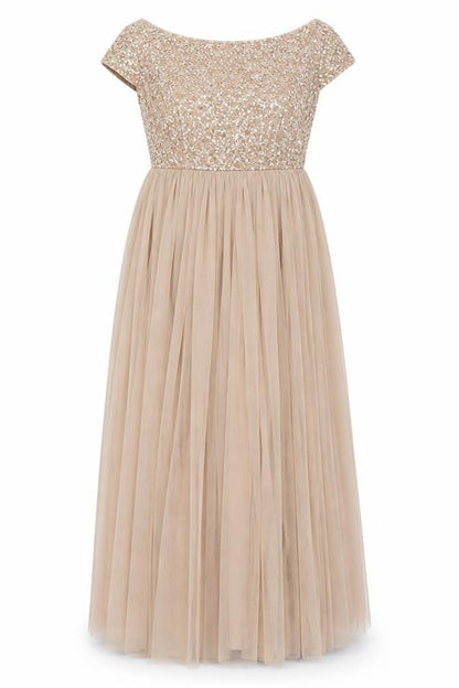 Maya Deluxe Women’s Beige Sequin A-Line Long Dress UK 10