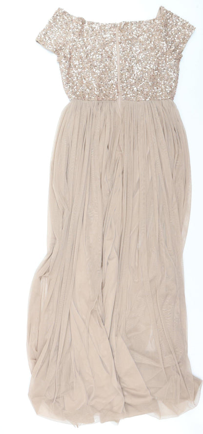 Maya Deluxe Women’s Beige Sequin A-Line Long Dress UK 10