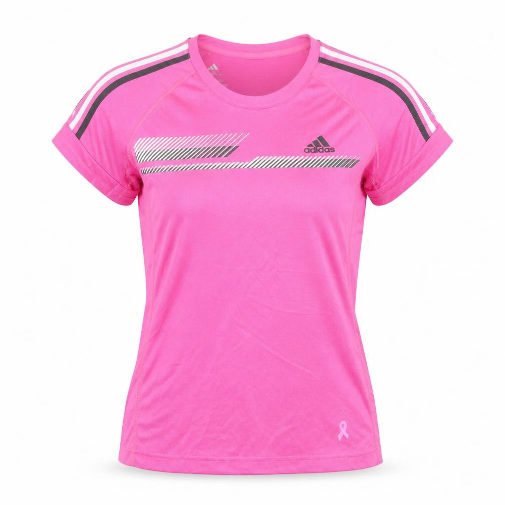Front view of Adidas girls’ pink climalite short sleeve athletic t-shirt, size 14, years