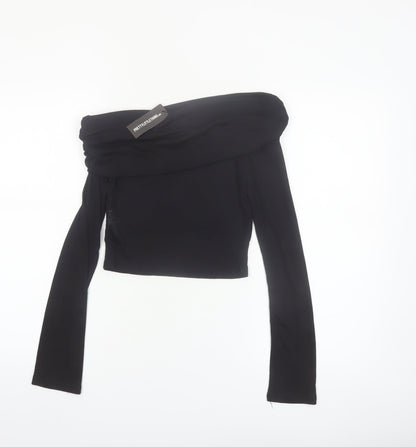PrettyLittleThing Women Black Off Shoulder Cropped Long Sleeve Blouse Size 8