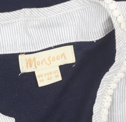 Monsoon Women’s Blue Knit Pullover Jumper Size 14 with Ruffle Neckline