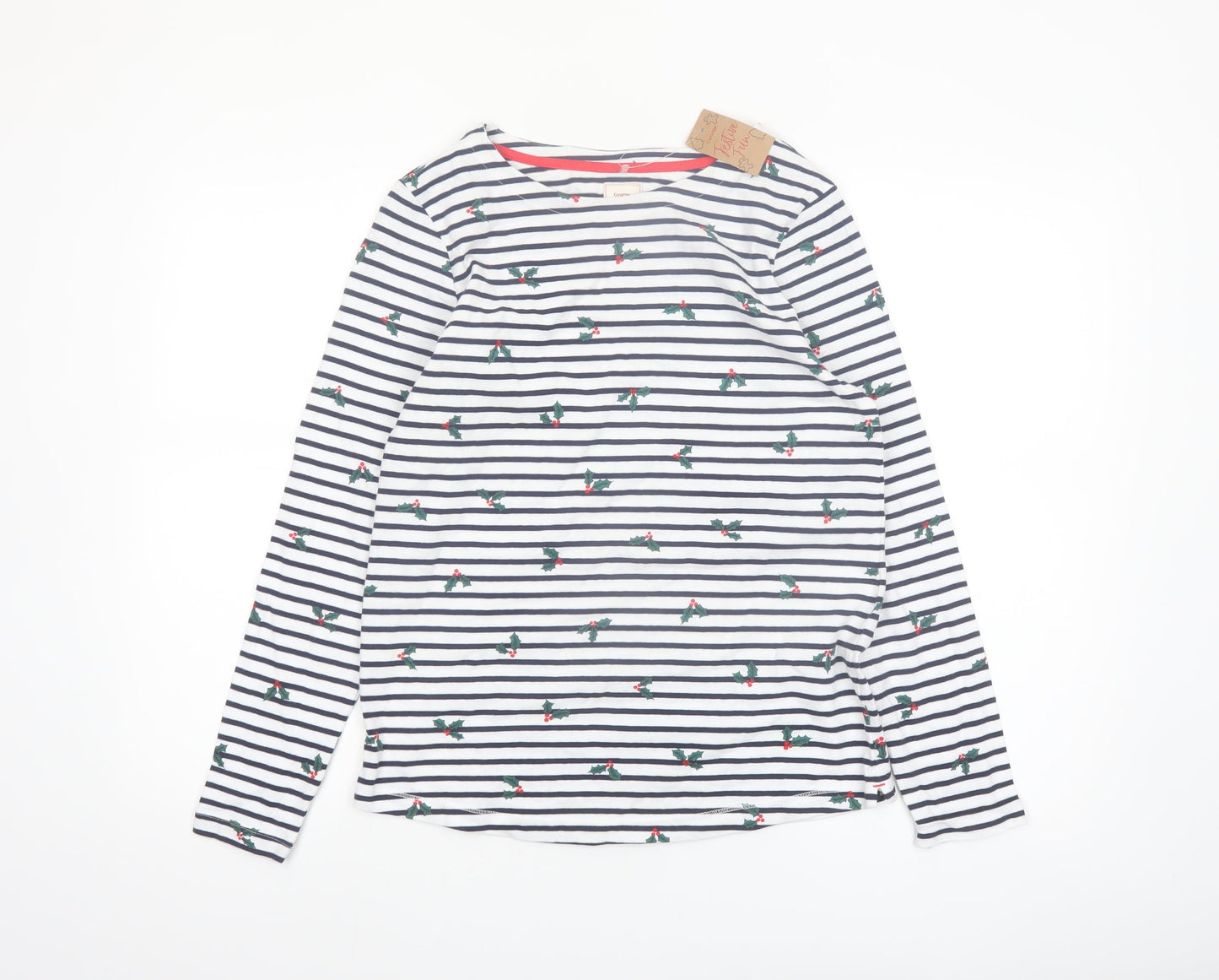 George Women’s White Striped Christmas Long Sleeve Cotton T-Shirt Size M