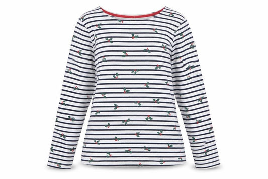 George Women’s White Striped Christmas Long Sleeve Cotton T-Shirt Size M