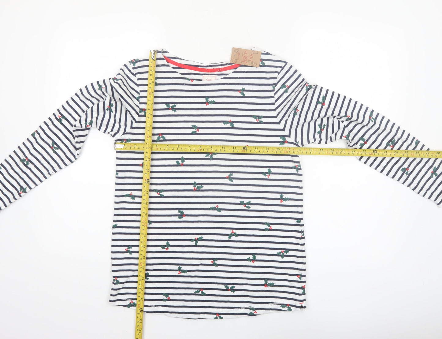 George Women’s White Striped Christmas Long Sleeve Cotton T-Shirt Size M