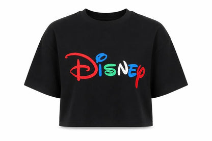 Disney Womens Black Cropped T-Shirt L Embroidered Logo Cotton