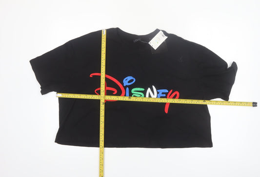 Disney Womens Black Cropped T-Shirt L Embroidered Logo Cotton