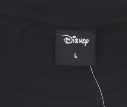 Disney Womens Black Cropped T-Shirt L Embroidered Logo Cotton