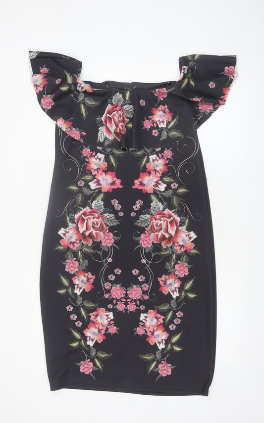 George Womens Black Floral Bodycon Off Shoulder Dress Size 16