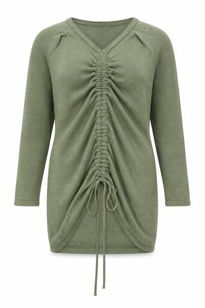 Front view of Fashionkilla Women Green V-Neck Long Sleeve Ruched Tunic Jumper, size 12