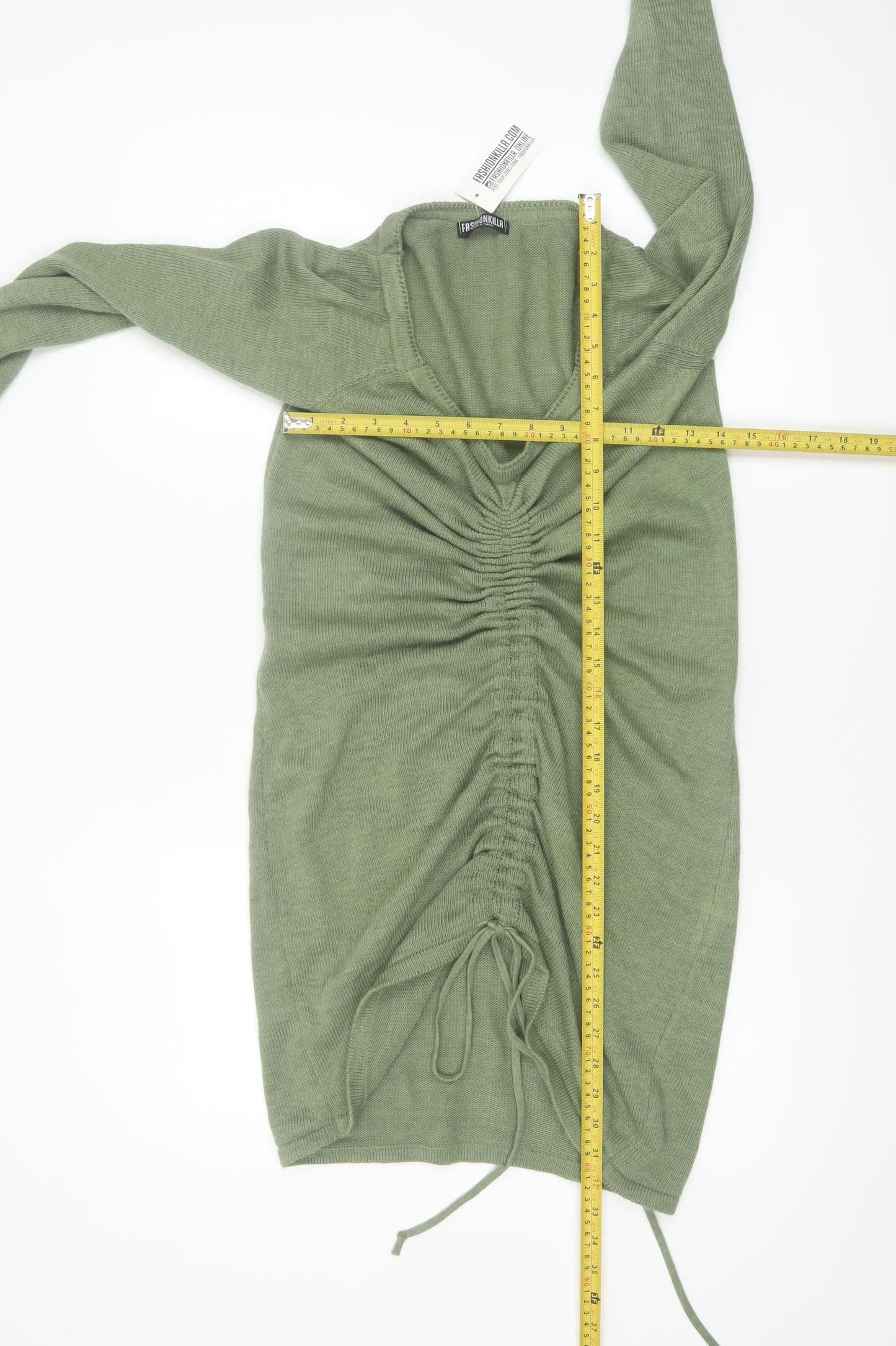 Fashionkilla Women Green V-Neck Long Sleeve Ruched Tunic Jumper Size 12