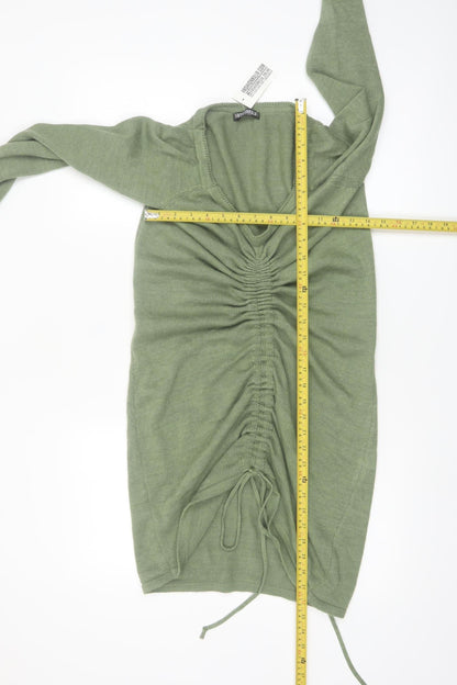 Fashionkilla Women Green V-Neck Long Sleeve Ruched Tunic Jumper Size 12