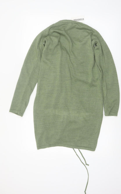 Fashionkilla Women Green V-Neck Long Sleeve Ruched Tunic Jumper Size 12