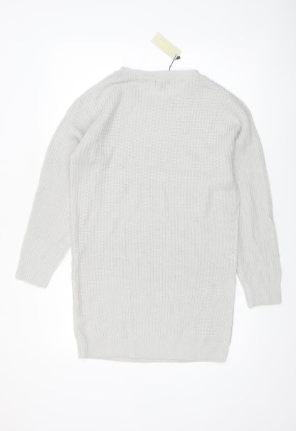 boohoo Women White Chunky Knit Crew Neck Long Sleeve Pullover Jumper S