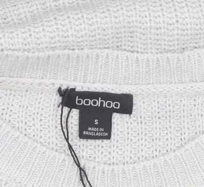 boohoo Women White Chunky Knit Crew Neck Long Sleeve Pullover Jumper S