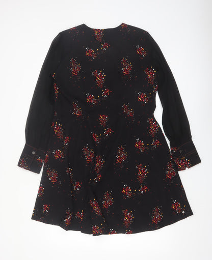 Trend by Captain Tortue Black Floral A-Line Zip Belted Dress Size 10