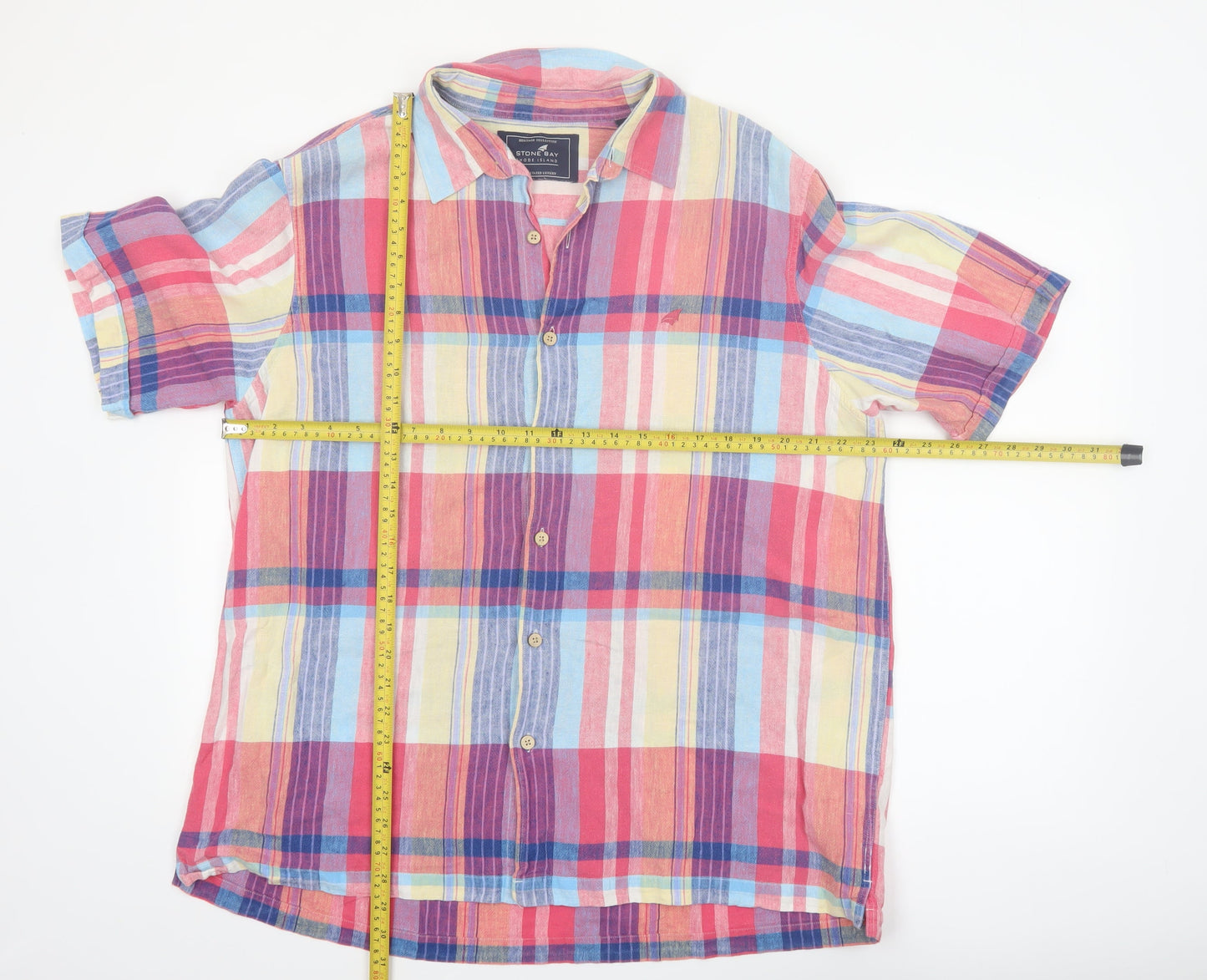 Stone Bay Men's Multicoloured Check Linen Cotton Short Sleeve Shirt XL