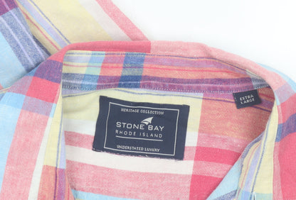 Stone Bay Men's Multicoloured Check Linen Cotton Short Sleeve Shirt XL