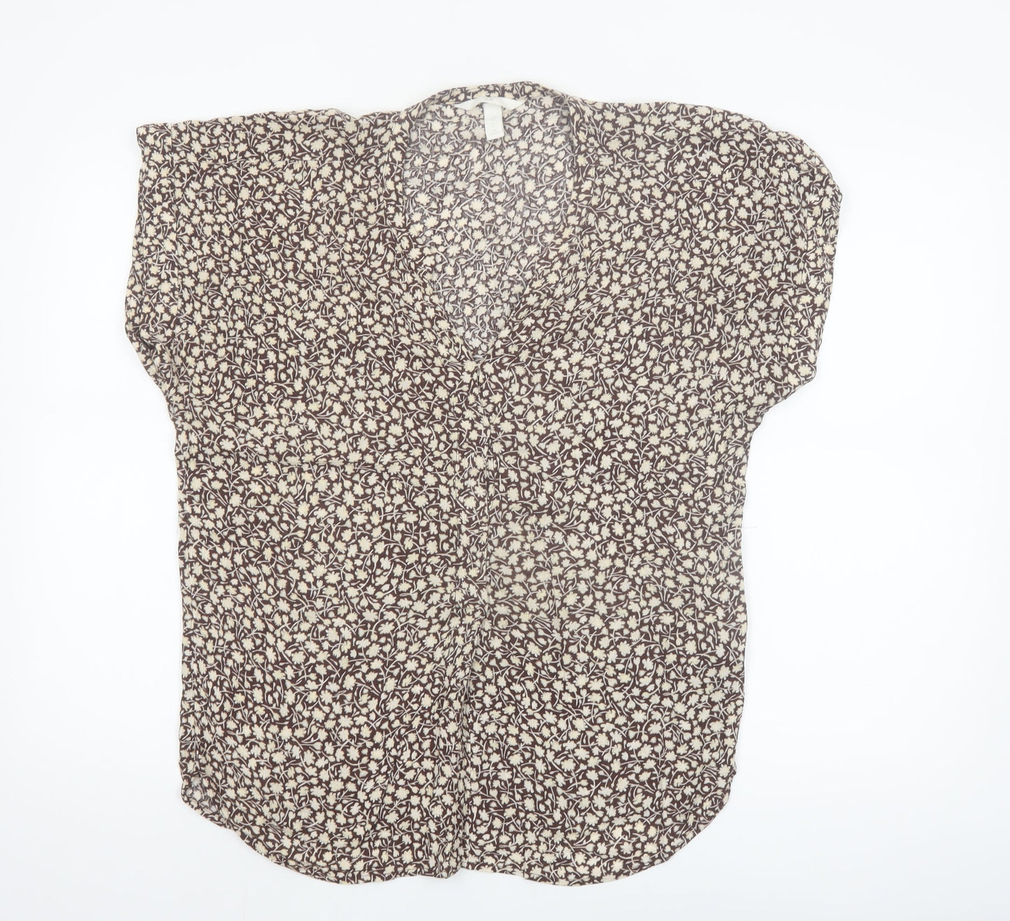 H&M Women Brown Floral Viscose Short Sleeve Tunic Blouse UK 12