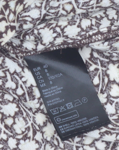 H&M Women Brown Floral Viscose Short Sleeve Tunic Blouse UK 12