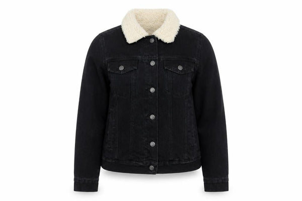 Front view of Denim Co women’s black sherpa collar jacket, size UK 10, regular cotton blend