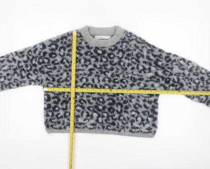 Bershka Women's Grey Animal Print Long Sleeve Pullover Jumper XS