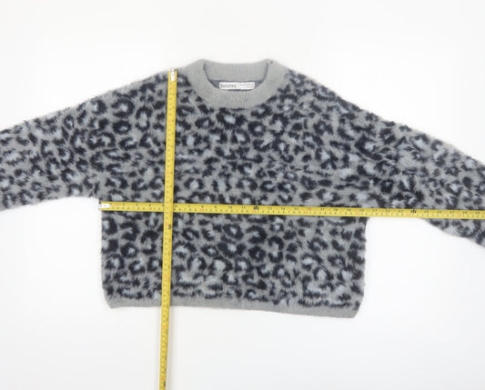 Bershka Women's Grey Animal Print Long Sleeve Pullover Jumper XS