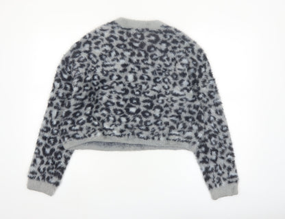 Bershka Women's Grey Animal Print Long Sleeve Pullover Jumper XS