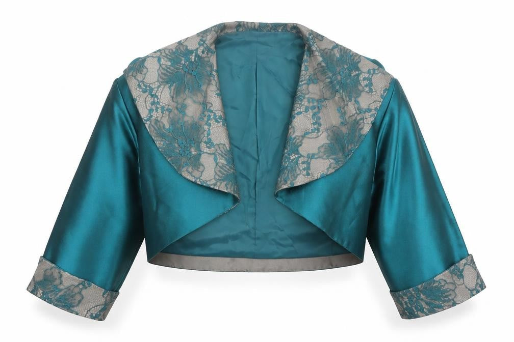 Mireia Women's Teal Lace Cropped Suit Jacket UK 14 Satin Bolero Evening Wear