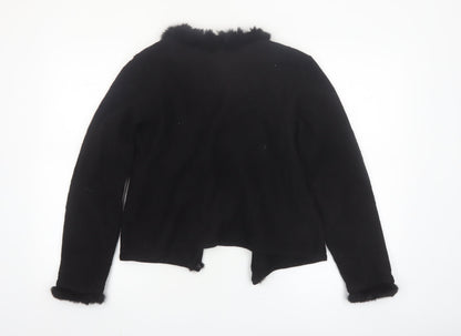 INTOWN Women’s Black Wool Fur Trim Cardigan M Classic Style