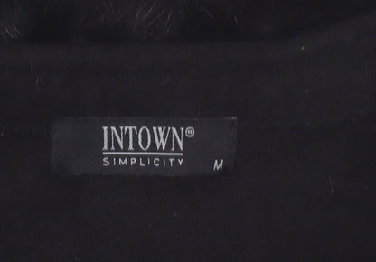 INTOWN Women’s Black Wool Fur Trim Cardigan M Classic Style