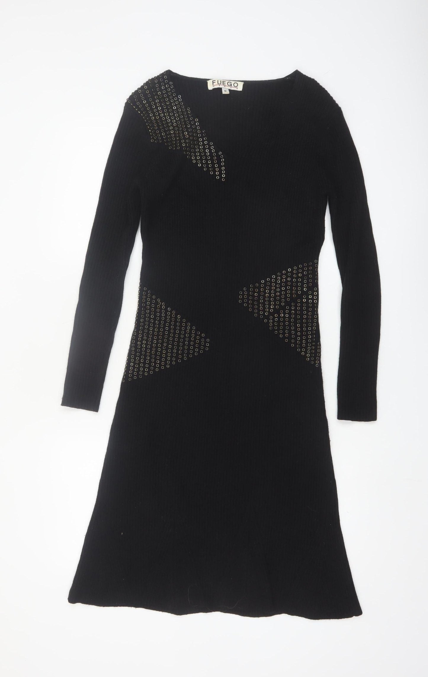 Fuego Women Black Knit Bodycon Studded Long Sleeve Dress M