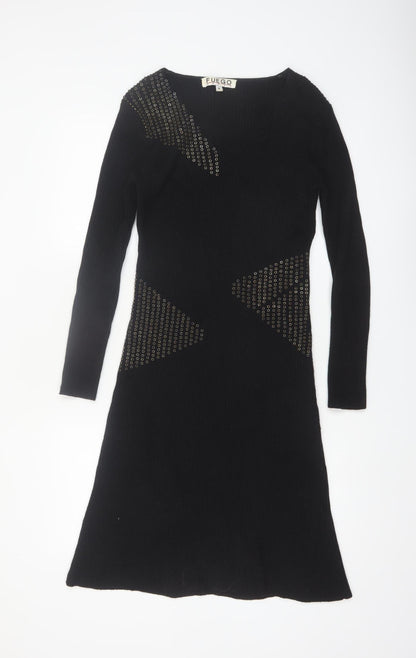 Fuego Women Black Knit Bodycon Studded Long Sleeve Dress M