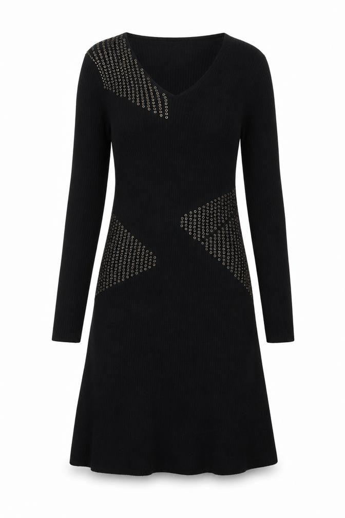 Fuego Women Black Knit Bodycon Studded Long Sleeve Dress M