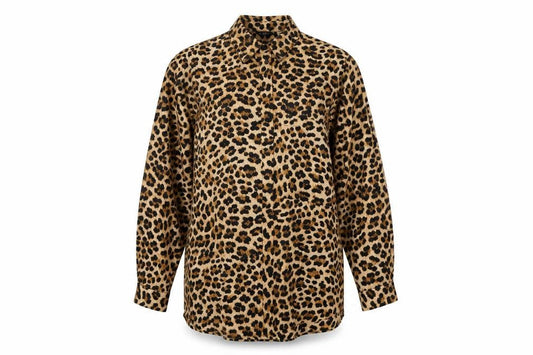 Zara Women Brown Leopard Print Long Sleeve Button-Up Shirt Size L