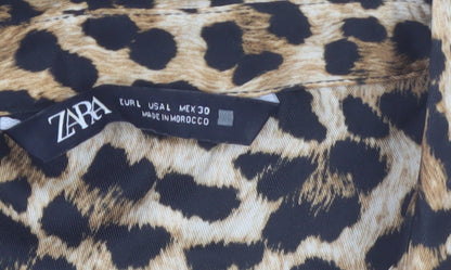 Zara Women Brown Leopard Print Long Sleeve Button-Up Shirt Size L
