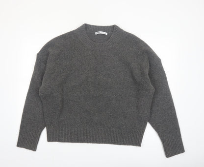 ZARA Women Grey Crew Neck Wool Blend Knit Jumper Size L