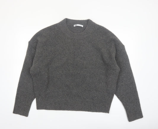 ZARA Women Grey Crew Neck Wool Blend Knit Jumper Size L