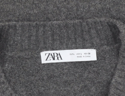 ZARA Women Grey Crew Neck Wool Blend Knit Jumper Size L