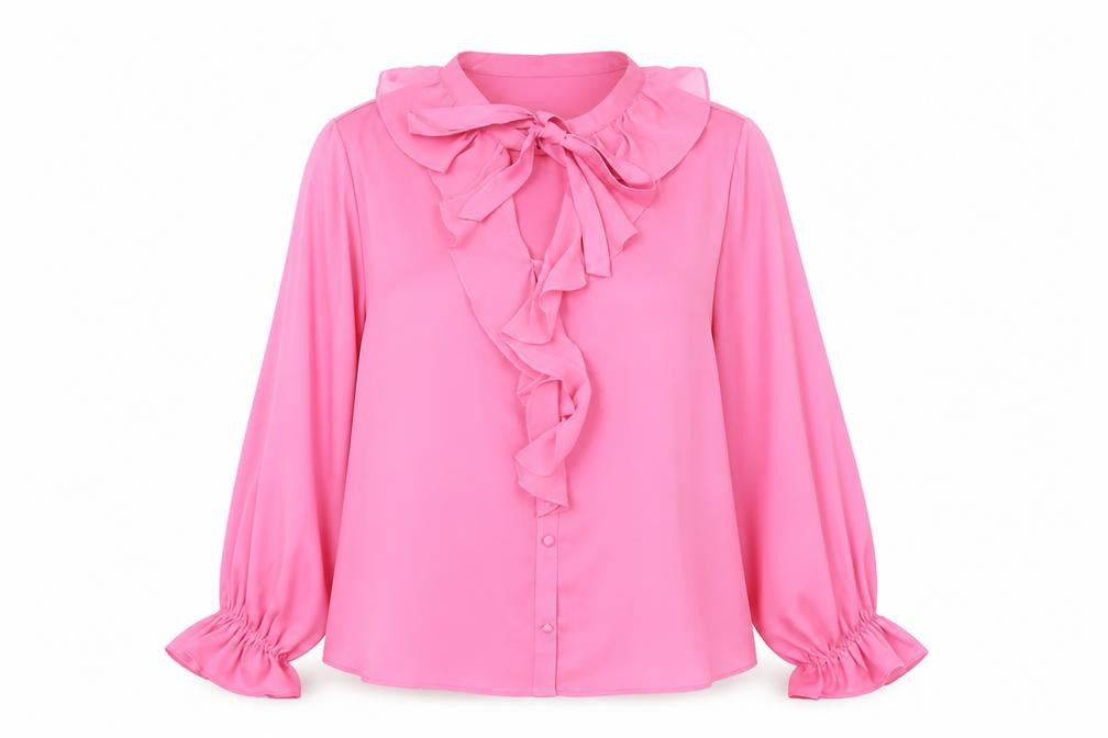 Savida Women Pink Ruffle Bow Neck Long Sleeve Blouse Size 16