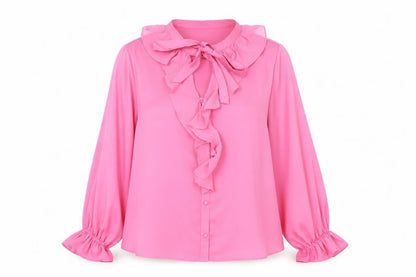 Savida Women Pink Ruffle Bow Neck Long Sleeve Blouse Size 16