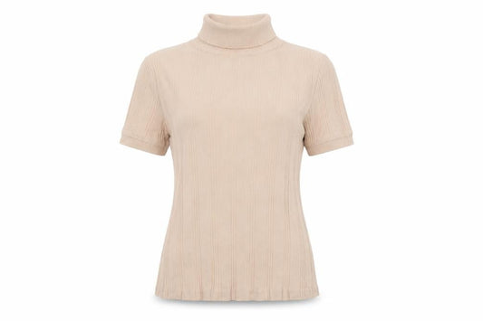 Zara Women Beige Roll Neck Ribbed Short Sleeve Knit Top Size L