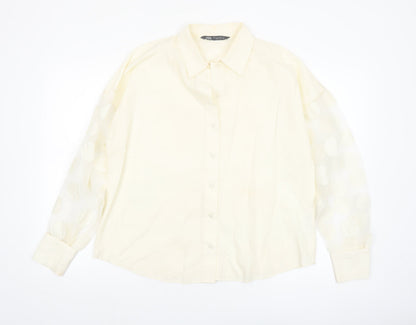 Zara Women Ivory Cotton Button-Up Shirt Size 14 Puff Sleeve