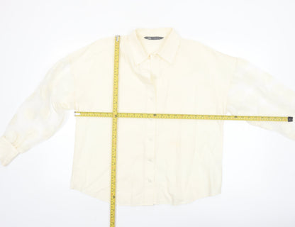 Zara Women Ivory Cotton Button-Up Shirt Size 14 Puff Sleeve