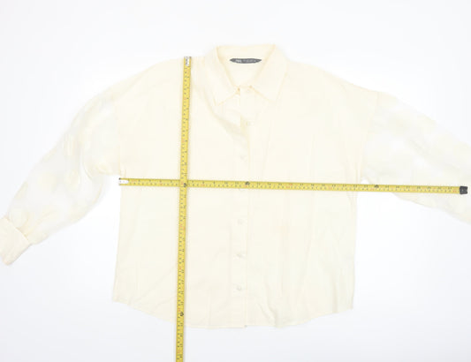 Zara Women Ivory Cotton Button-Up Shirt Size 14 Puff Sleeve
