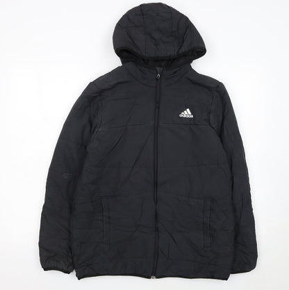 adidas Boys Black Hooded Puffer Jacket 13-14 Years Full Zip Lined